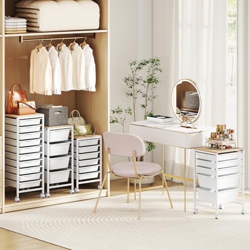 COSTWAY Rolling Storage Cart with 5 White Drawers, Wooden Top