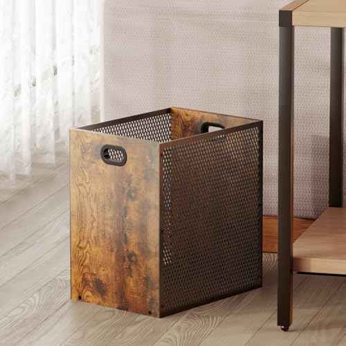 Retro Office Trash Can, Iron and Wood Combination Bedroom Garbage Can, Rectangular Design Wastebasket with Handle, Industrial Style Trash Can for Home Office, 4.5 Gallon (Patent Pending)