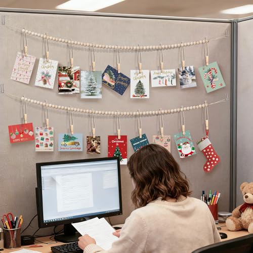 Office Cubicle Photo Display with 9 Wooden Clips & Fabric Hooks - Boho Desk Decor