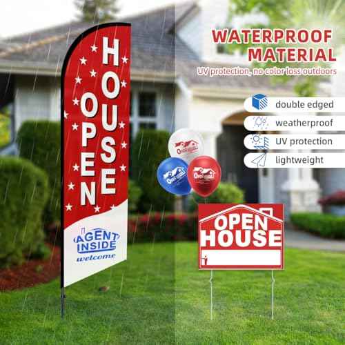 56 Piece Open House Signs for Real Estate Kit, 1 Open House Flag, 9 Double-Sided Estate Sale Arrows and Signs with Metal Stakes, Plus 24 Balloons, Suitable for Real Estate Brokerage Supplies (red)