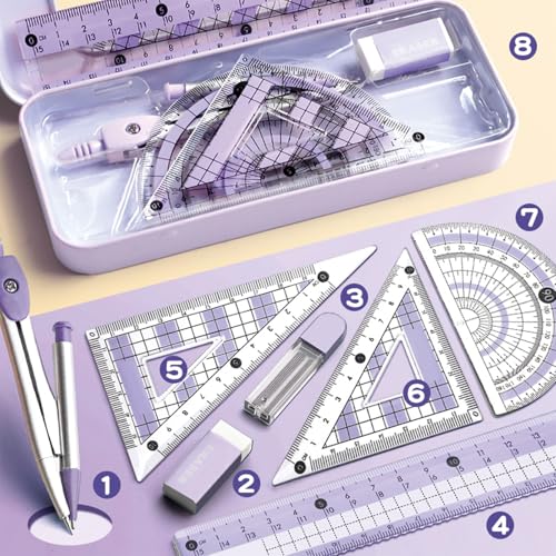 Purple Geometry Set with Compass & Rulers for Drawing - 8 Pcs