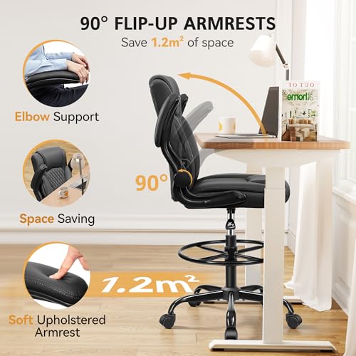 Brick Attic Black Drafting Chair for Standing Desks - Tall Ergonomic Office Chair with Flip-Up Armrest, Adjustable Height & Footrest, Pack of 1