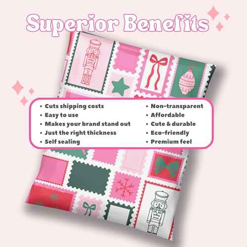 Picksie Mailers- Cute Christmas Shipping Bags 10x13 Packaging Supplies for Small Business Pink Designer Holiday Mailers Polybag Packaging 100 Pack Bulk Mailers Shipping Envelope - Holly Poly Postage
