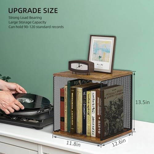 2 Cubes of Vinyl Record Storage, Premium Wooden Record Holder Shelf with Visual Metal Mesh & Large Capacity, DlY Stackable 90-120 Albums, Vinyl Organizer Solution for Home or Studio, Stylish & Durable