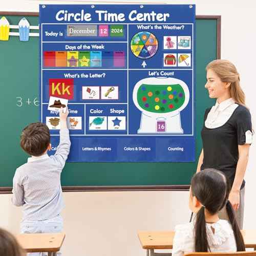Boczif Circle Time Learning Center Pocket Chart for Classroom, Educational Teaching Materials Learning Calendar Weather Number Counting Letter Color Shape Wording Rhyme Pictures (Blue)