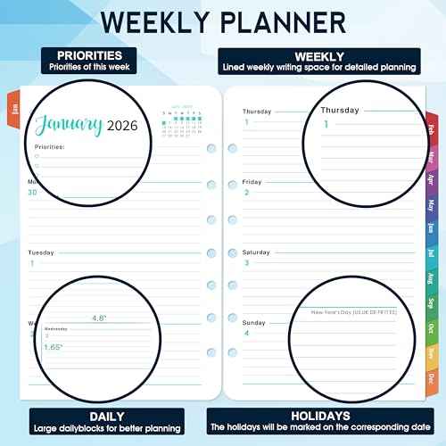2026 Planner Refills - A5 Planner Inserts with 7-Hole Punched, JAN 2026 - DEC 2026, 5-1/2" x 8-1/2", Planner Refills 2026, A5 Binder Inserts, 2026 Weekly and Monthly Planner Refill with Colorful Tabs