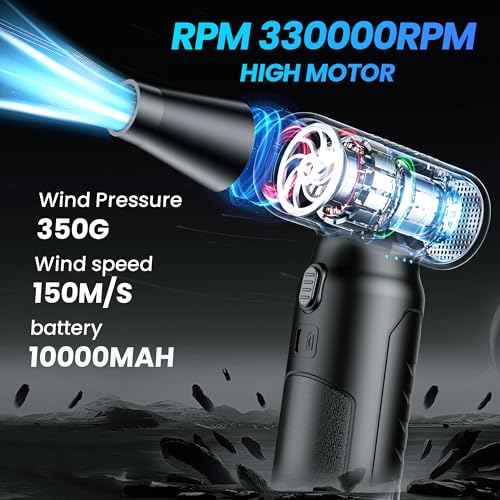 Electric Compressed Air Duster 330000 RPM - Cordless Rechargeable Air Blower for PC/Computer Cleaning, Keyboard, Electronics, Car & Home Dusting, Replaces Air Cans (Powered Turbo Fan Duster)