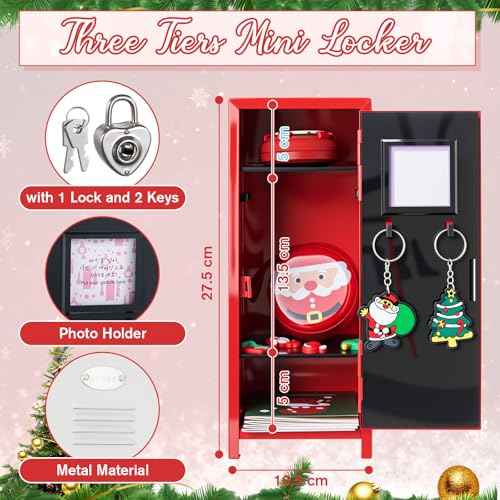 12 Pcs Christmas Mini Locker 10.8 Inch Miniature Storage with Lock and 2 Keys Small Cute Functional Locker for Desktop Bedroom Home Office(Red,Santa)
