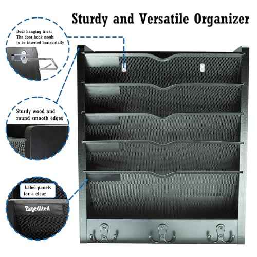 Multi-Purpose No-Assembly Hanging Wall File & Mail Organizer - 3 Pairs of Hooks, Fits Desk with Side Panel/Door-Mountable (Black)