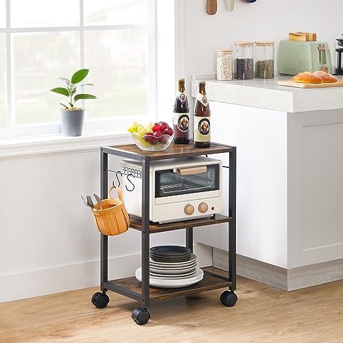 Printer Stand, 3-Tier Under Desk Rolling Cart with Storage Shelf, Heavy Duty Printer Table with Wheels for Home and Office, Printer Shelf with 2 Hooks, Small Spaces, Rustic Brown PTHR4001Z