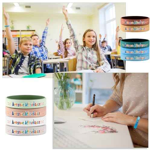 200 Pcs Awesome Attendance Wristbands for Students, Perfect Attendance Awards for Classroom Prizes, Unisex Stretch Silicone Motivational Wristbands for Student from Teacher Classroom Prizes