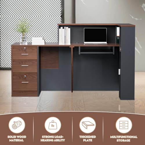 Yorkgargen Walnut & Gray L-Shaped Reception Desk 71" with Lockable Drawers & Storage