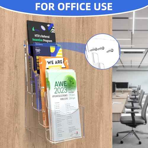 4 Pcs Acrylic Brochure Holder, 4 x9 Inches Flyer Holder, 4 Tier Clear Pamphlet Holder, 4 Inch Wide Magazine Literature Organizer Holder, Brochure Display Stand, for Wall Mount or Desktop Use