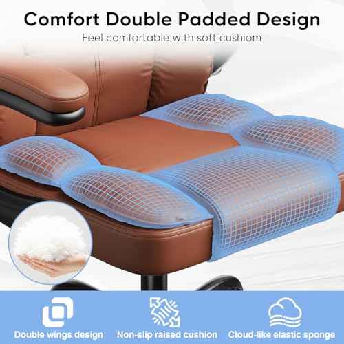 Executive Leather Office Chair, Computer Chair with Thick Cushion & Lumbar Support, Ergonomic Desk Chair with Adjustable Headrest & Armrests,Brown