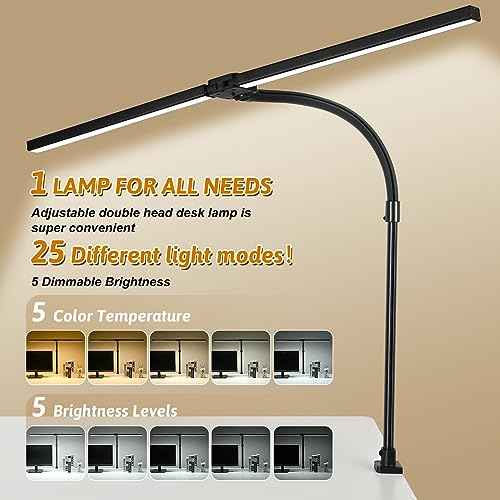 Double Head LED Desk Lamp with Remote Control for Home Office 24W Brightest Computer Desk Light for Workbench Drafting Architect Study Reading with Clamp and Base