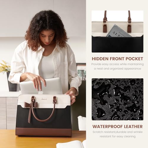 LOVEVOOK 15.6 Inch Leather Laptop Tote Bag for Women, Waterproof Office Work Bag, Black-White-Brown