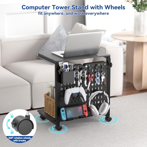 KONDOUND Height-Adjustable 2-Tier Computer Tower Stand with Locking Wheels