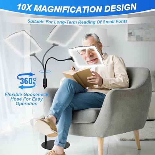 10X Magnifying Glass, with Light and Stand, 3 Light Modes Rechargeable Floor Magnifying,Suitable for Reading, Sewing, Crafts, DIY, Embroidery, Close Work. Magnifiers for Seniors