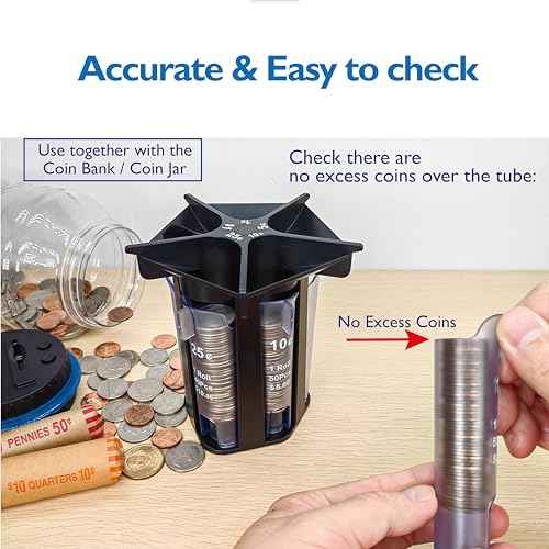 Coin Sorter Tube Coin Counter with Coin Wrappers, 5-in-1 Change Sorter Change Counter Machine, Coin Organizer & Coin Holder Coin Roller, Use with Coin Bank Coin Jar, Sort Quickly & Accurate