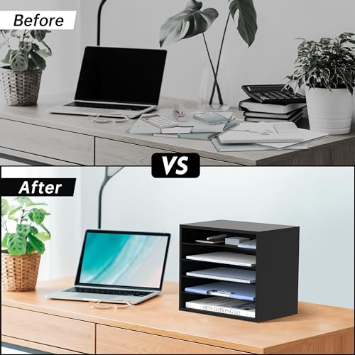 SUPEASY 5-Tier Black Wood Desk Organizer – 13.4 x 9.1 x 12 Inches, Multi-Compartment Paper & Mail Sorter