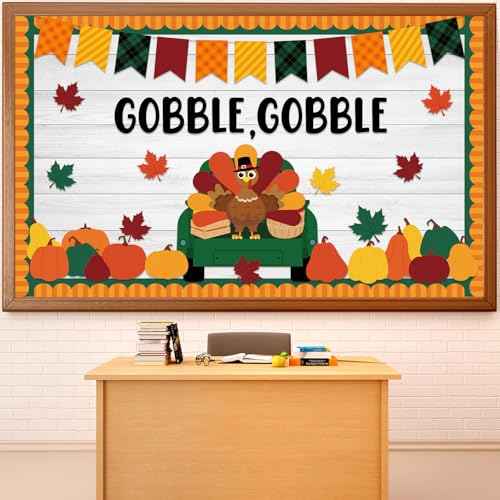 Qyeahkj Thanksgiving Turkey Bulletin Board Set Gobble Gobble Pumpkin Classroom Decorations Fall Thanksgiving Happy Turkey Day Paper Cutouts for Classroom School Home Chalkboard Wall Door Supplies