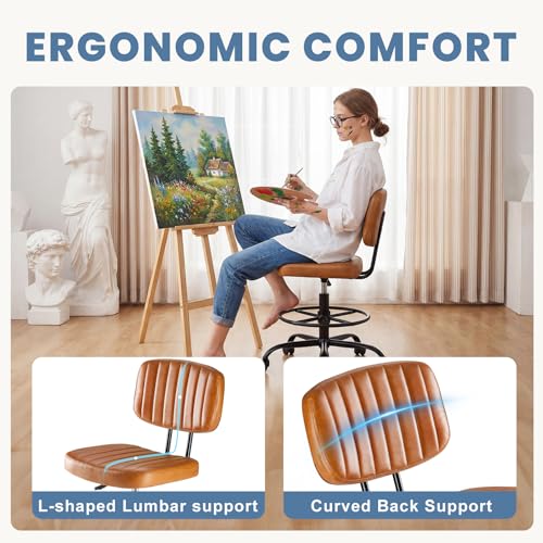 DUMOS Brown Armless Drafting Chair with Adjustable Height & Rolling Casters