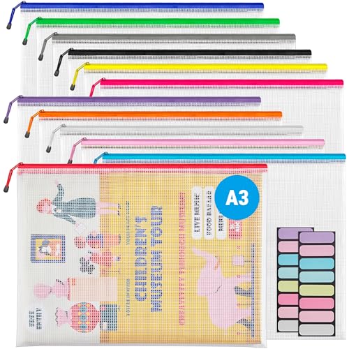 JARLINK 12-Pack A3 Mesh Zipper Pouches Waterproof Large File Bags Organizer