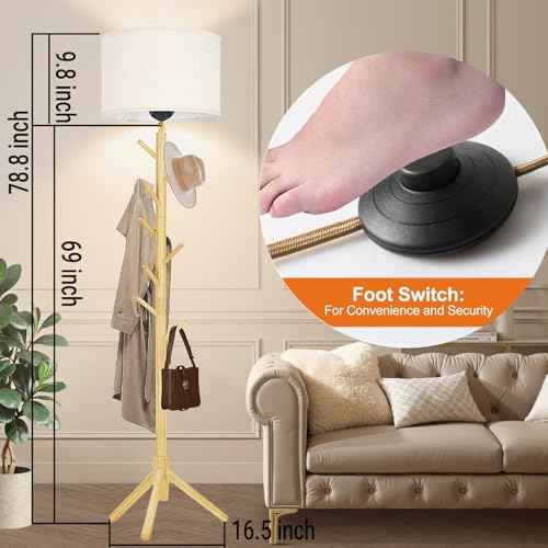 Floor Lamp Standing Lamp with Coat Rack for Living Room, 78.8" Modern Tall Lamp with 8 Hooks Clothes Rack, Dimmable Floor Lamps for Bedroom, Entryway, Corner