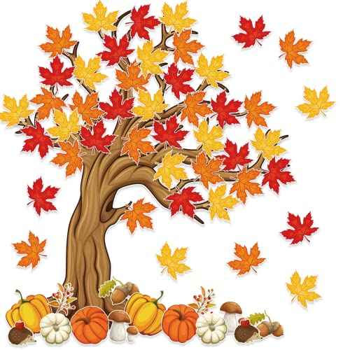 4Ft Big Tree Bulletin Board Set Spring Fall Summer Tree Bulletin Board Decoration with Maple Leaves Butterflies Pumpkins Cutouts for Classroom Home Chalkboard Wall Decoration, 74Pcs (Maple Leaves)