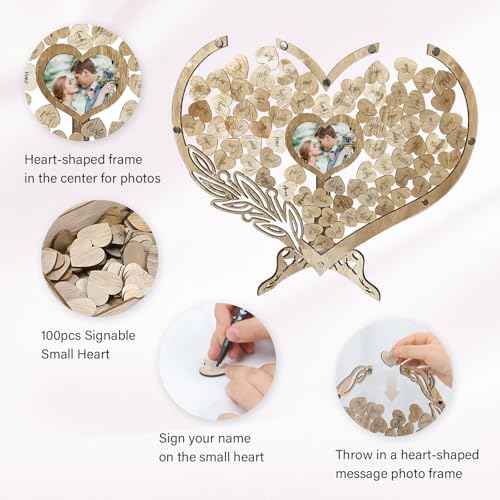Wedding Guest Book Alternative, Rustic Heart Shaped Wooden Guest Book with 100 Wooden Hearts Tree for Wedding Party Birthday, Personalized Wedding Decor with Guest Sign-In Box & Heart Frame for Photo