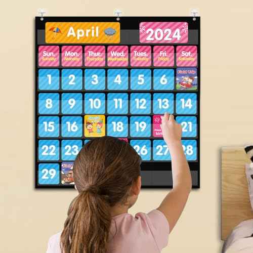 REGELETO Large 44 Pockets Calendar Pocket Chart for Classroom with 85 Cards, Size:25¡± X 24¡± Monthly Calendar and Weather Black Pocket Chart for Kids Learning for Home or Kindergarten (44 Pockets)
