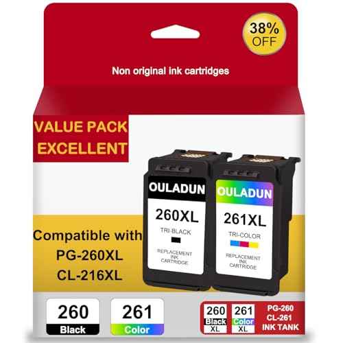 PG-260 XL/CLI-261 XL Ink Value Pack Replacement for Canon 260 261 PG-260XL CL-261XL Work for TR7020 TR7020a TR7022 TS6420 TS6400 TS5300 TS5320 TS6420a (1 Black, 1 Color)
