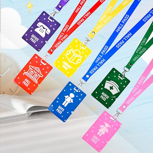 Classroom Hall Passes with Lanyards - Unbreakable PVC School Passes for Bathroom, Library, Nurse, Office, and Hall - 6 Sets