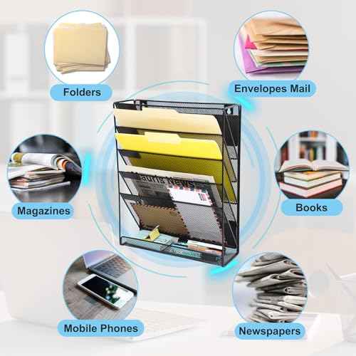 EASEPRES Magnetic File Organizer Mesh 6-Tier, Hanging Wall Mount File Organizer Vertical Holder Rack for Office Home, Black