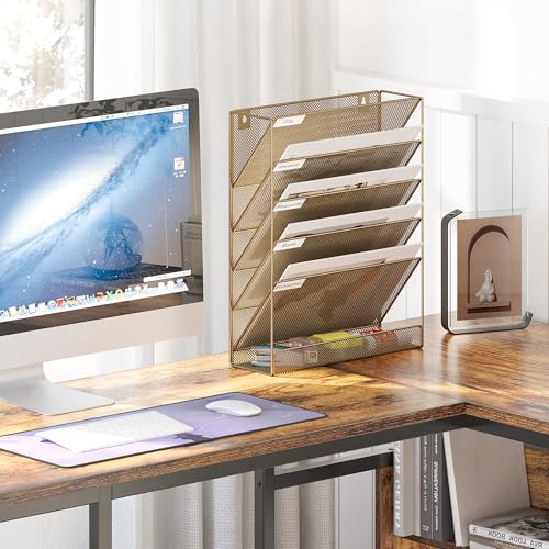 EasyPAG Gold 5-Tier Wall File Holder Mesh Organizer with Labels, Vertical Office & Home Desk Storage