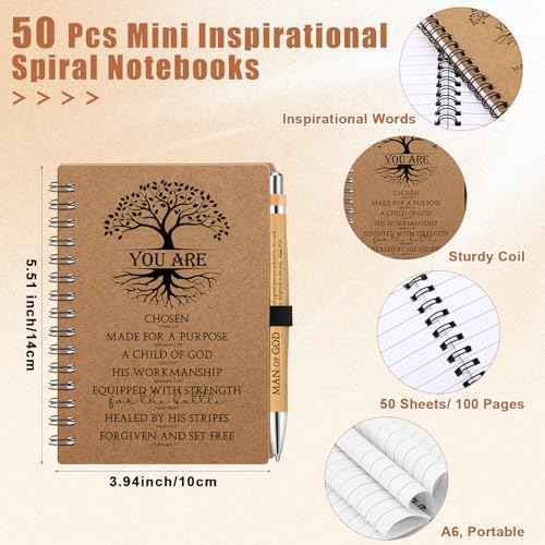 50 Sets Man of God Appreciation Gifts for Church Spiral Kraft Notebooks and Bamboo Pens Bible Study Supplies Operation Christmas Christian Religious Gifts for Teacher Coworker