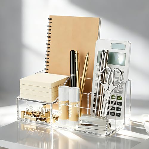 HBlife Clear Acrylic Desk Organizer with Drawer — 1 Pack, Multi-Compartment Office Supply Caddy