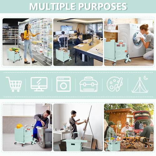 Foldable Utility Cart with Stair Climbing Wheels,Collapsible Rolling Crate with Magnetic Lid Telescopic Cover,Telescoping Handle,360¡Æ Rotate Wheel Hand Cart for Teacher Shopping Moving Grocery(Green)