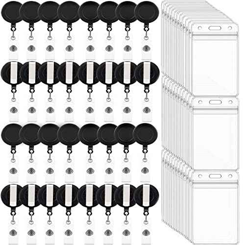 100 Pack Retractable Badge Reel Clips with 100 Pack Vertical ID Card Holders Retractable Badge Holders with Clip ID Badge Clips with Name Card Holder for Nurses Office School,Black