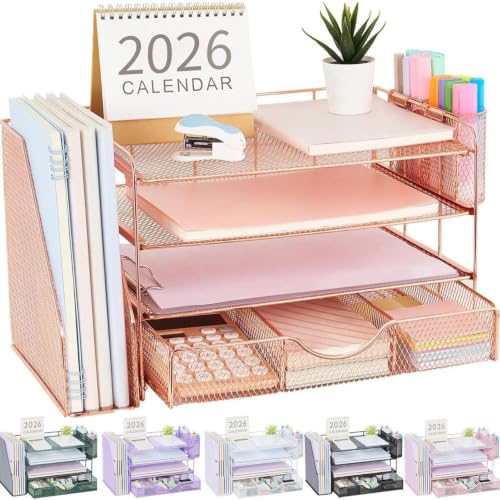 Gianotter Rose Gold 4-Tier Desk Organizer with File Holder, Pen & Drawer Storage