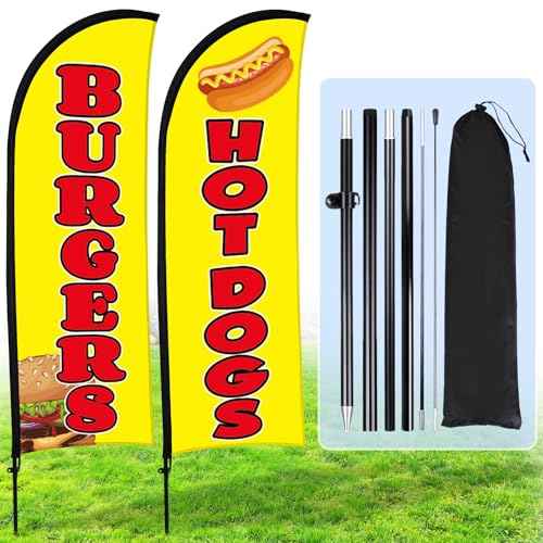 Buryeah 2 Sets Hot Dogs Burgers Feather Flag Banner Kit for Business Advertising 8 ft Swooper Flag with Pole Ground Stake Portable Bag Outside Hot Dog Sign for Restaurant Advertising Business (Yellow)