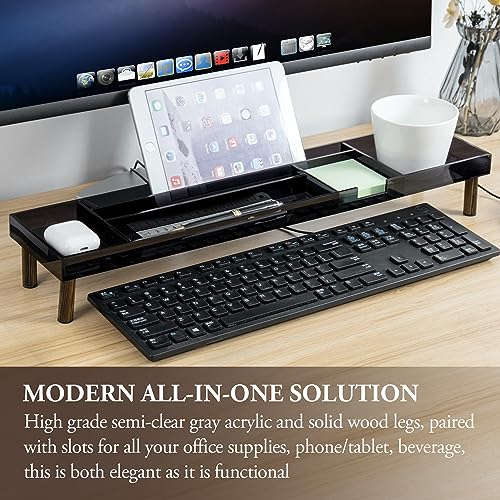 MyGift Modern Desktop Organizer Tray - Premium Translucent Dark Gray Acrylic and Solid Wood Over Keyboard Office Desk Flow Storage - Includes Cable Organizer