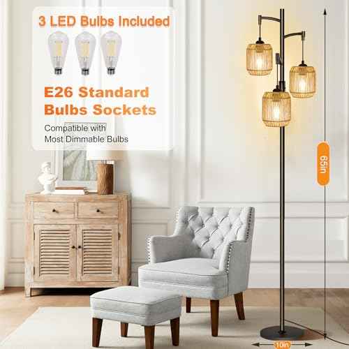 Boho Floor Lamps for Living Room, 65'' Dimmable Farmhouse Rattan Standing Lamp with LED Bulbs, 3 Light Tree Rustic Tall Lamps for Bedroom, Office, Rotary Switch