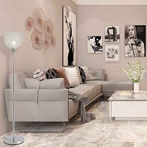 DFL Spherical Crystal Floor Lamp, 8.7 inch Shade Chrome Finish Lamp, Crystal Floor Lamp Fixture for Living Room, Bedroom, Dining Room, Office, E26 Base, LED Bulb Included