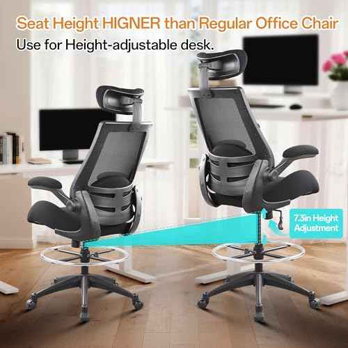 BOLISS 400lbs High Back Wide Computer Office Drafting Chair Flip up Armrests Lumbar Support Adjustable Big Footrest Ring(Black)