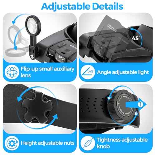 Magnifying Glasses with Light, Versatile Magnifying Glasses for Close Work, 1x - 14x Headband Magnifier with 5 Lenses & Two Led Lamps, Hands-Free Jewelers Loupe Visor for Hobby, Crafts