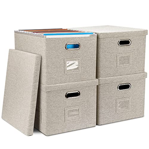 4-Pack Modern Minimalist Beige Collapsible Linen File Folder Box Office Document Storage Filing Bin with Lid for Letter Legal Size Hanging Folders