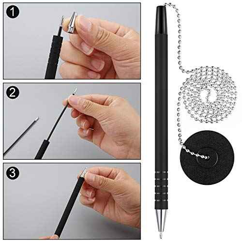 Security Pen Set with Bead Chain and Pen Holder, Desktop Pens with Chains, Blank Ink Refills for Office Bank Supplies, Black (64 Pieces)