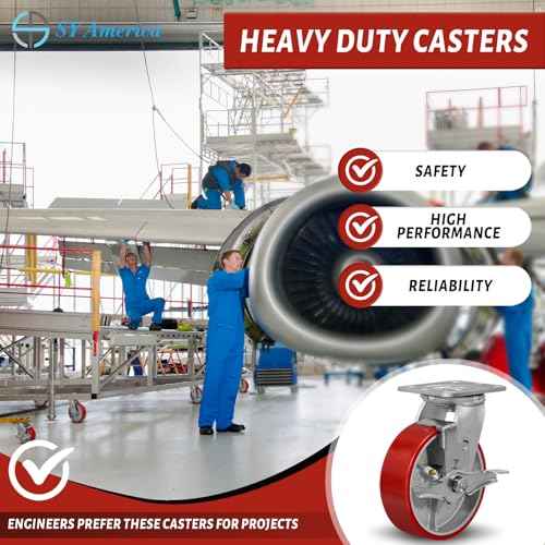 SY America 6" X 2" Caster Wheels - Heavy Duty Industrial Casters, Non-Marking Polyurethane on Silver Cast Iron Core Wheel, 1 Swivel Top Lock Brake,1250 lbs Capacity