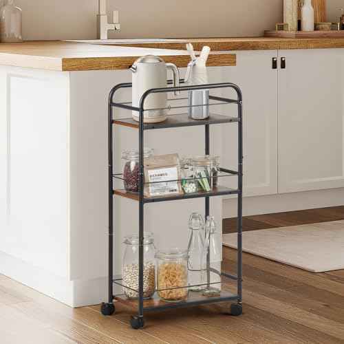 FULITE 3-Layer Narrow Storage cart£¬A Rolling car with Wheels£¬Steel Frame,Kitchen£¬Restaurant£¬Multi Functional Trolley£¨Black and Brown£©